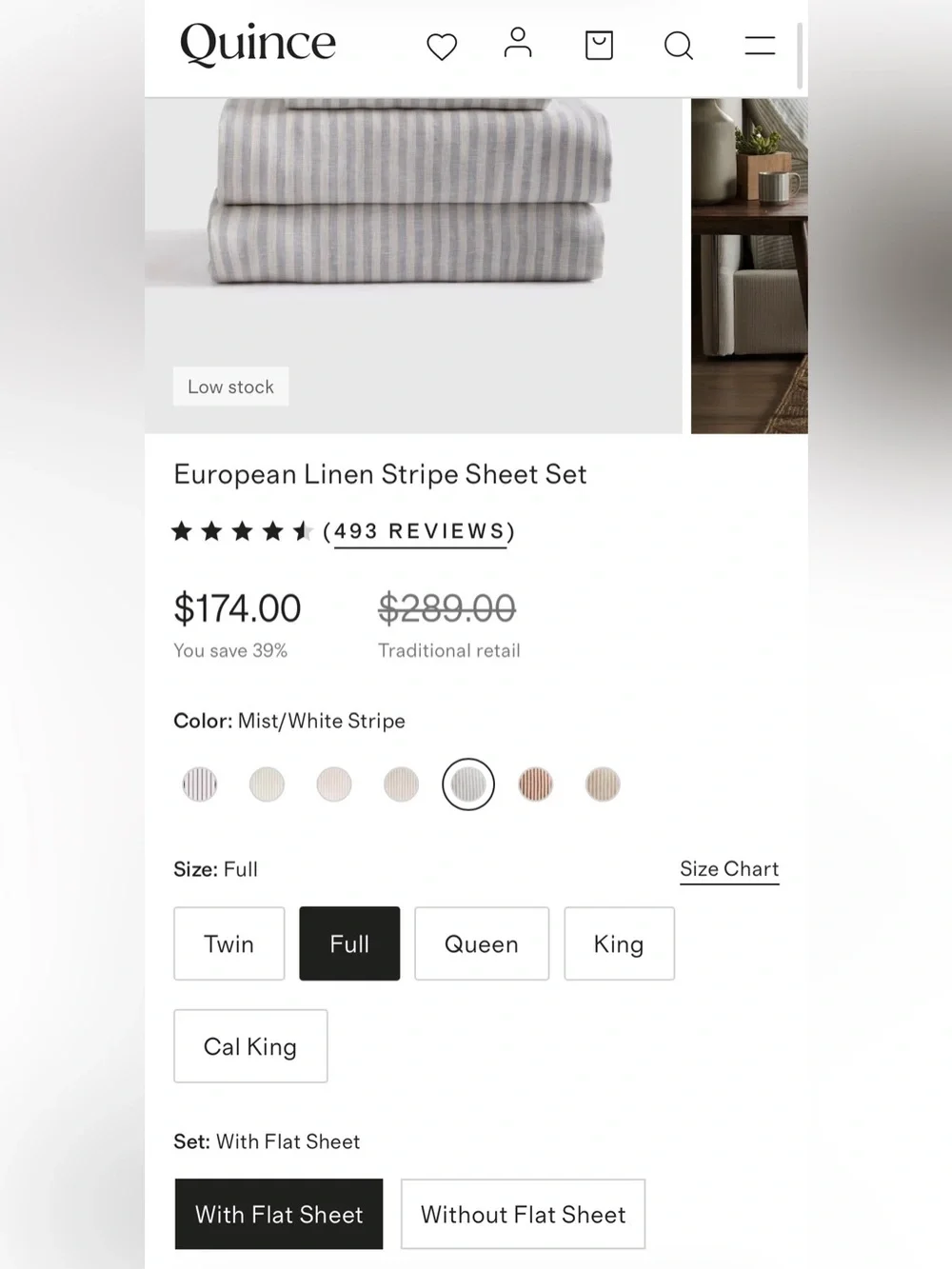 NWOT Quince European Linen 4 Piece Stripe Sheet Set, Full (Mist/White)